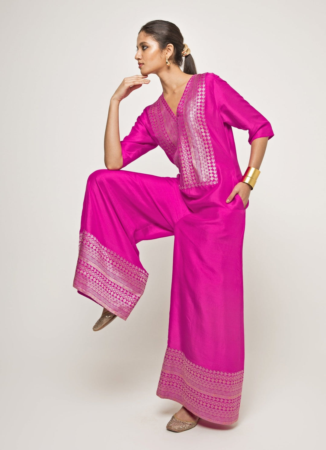Pink Brocade Silk Jumpsuit Sobariko - Fabilicious Fashion