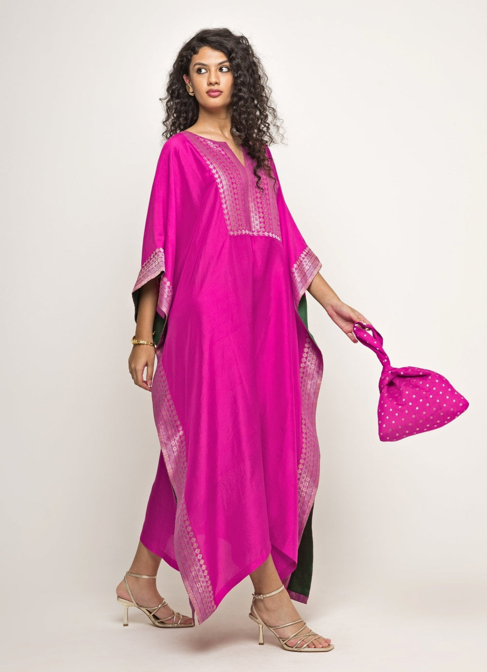 Pink Brocade Silk Kaftan Sobariko - Fabilicious Fashion