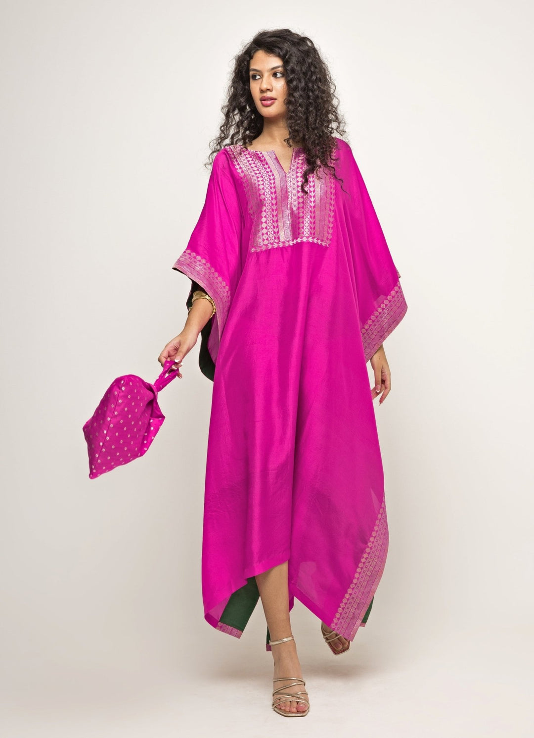 Pink Brocade Silk Kaftan Sobariko - Fabilicious Fashion