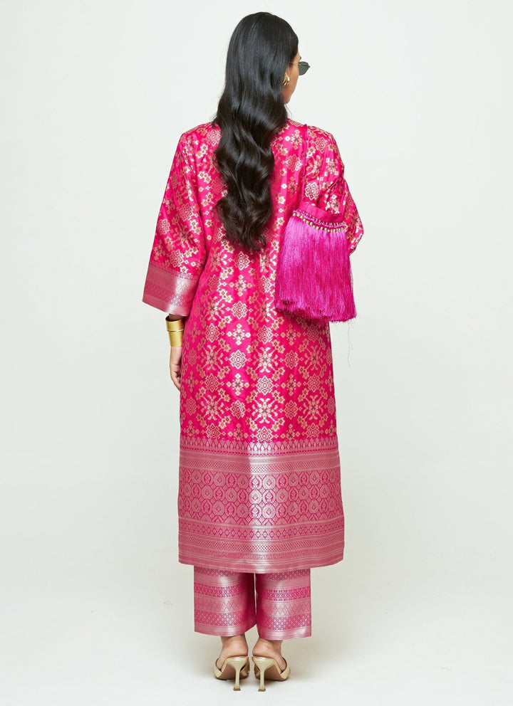 Sobariko Pink Brocade Silk Long Kurta Pants SetFabilicious Fashion