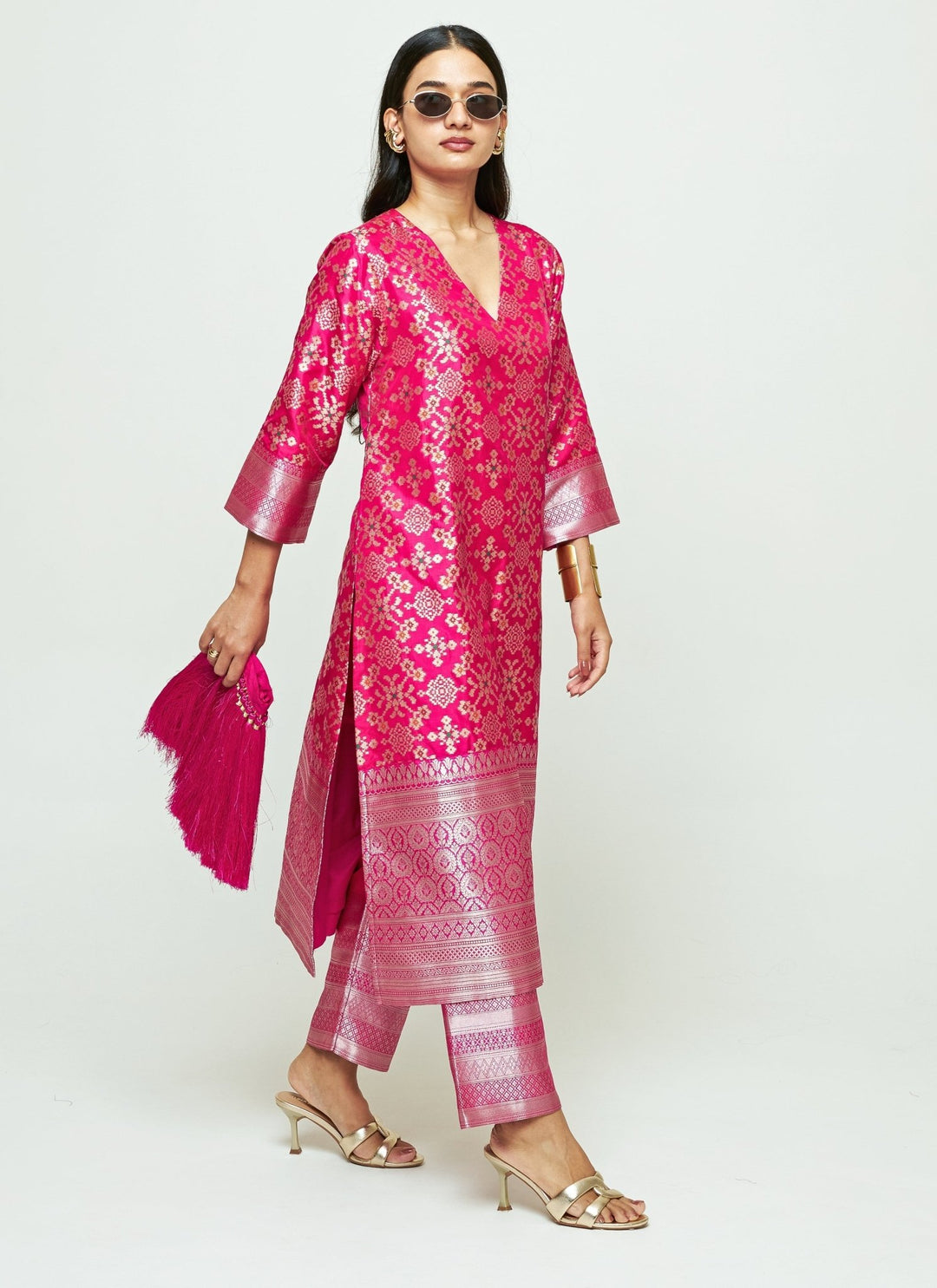 Sobariko Pink Brocade Silk Long Kurta Pants SetFabilicious Fashion