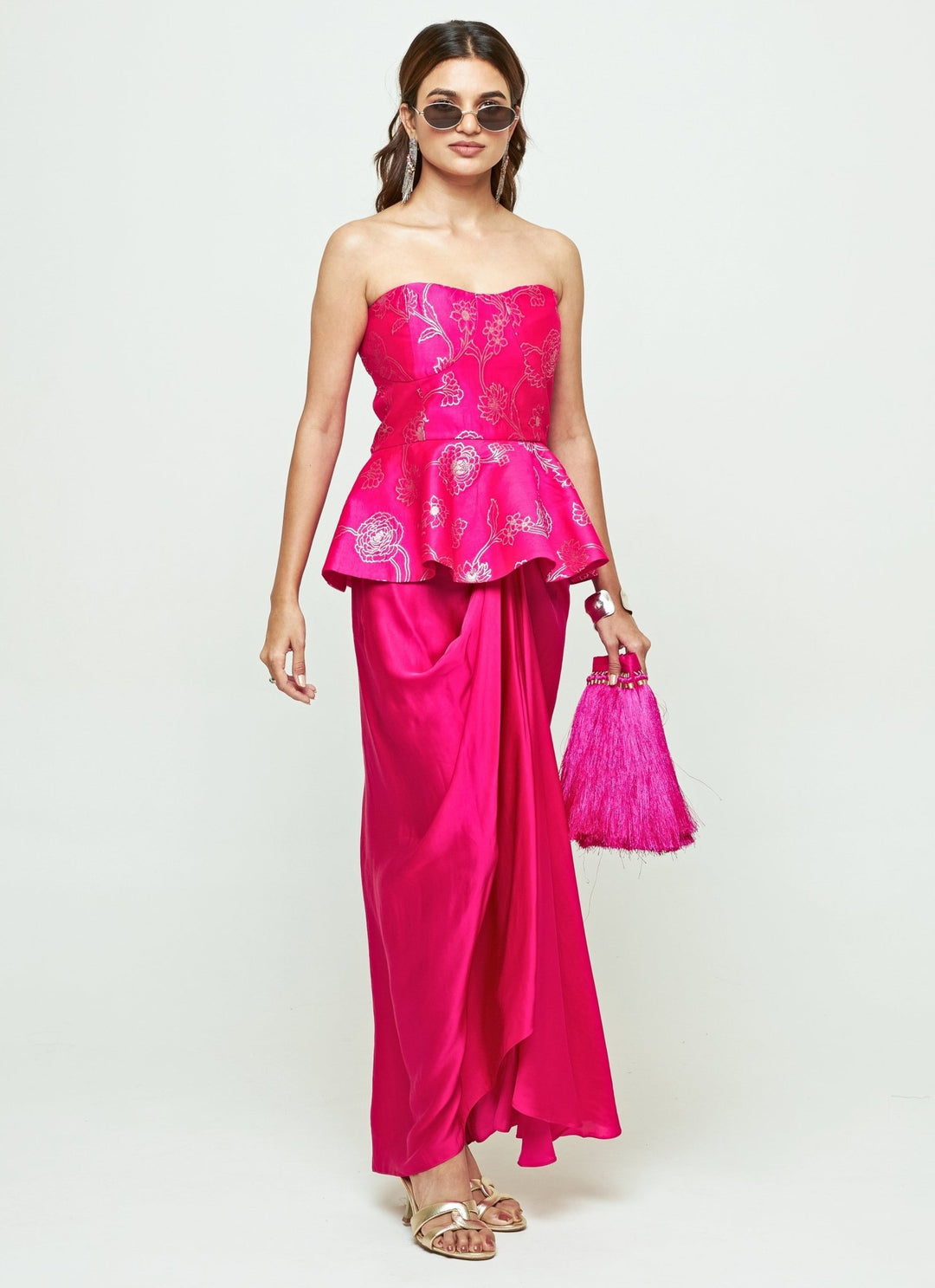 Sobariko Pink Brocade Silk Peplum Top With Draped Skirt SetFabilicious Fashion