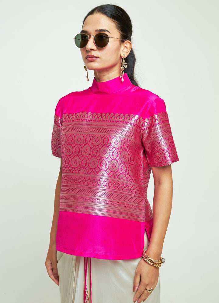 Sobariko Pink Brocade Silk Top With Ivory Draped Skirt SetFabilicious Fashion