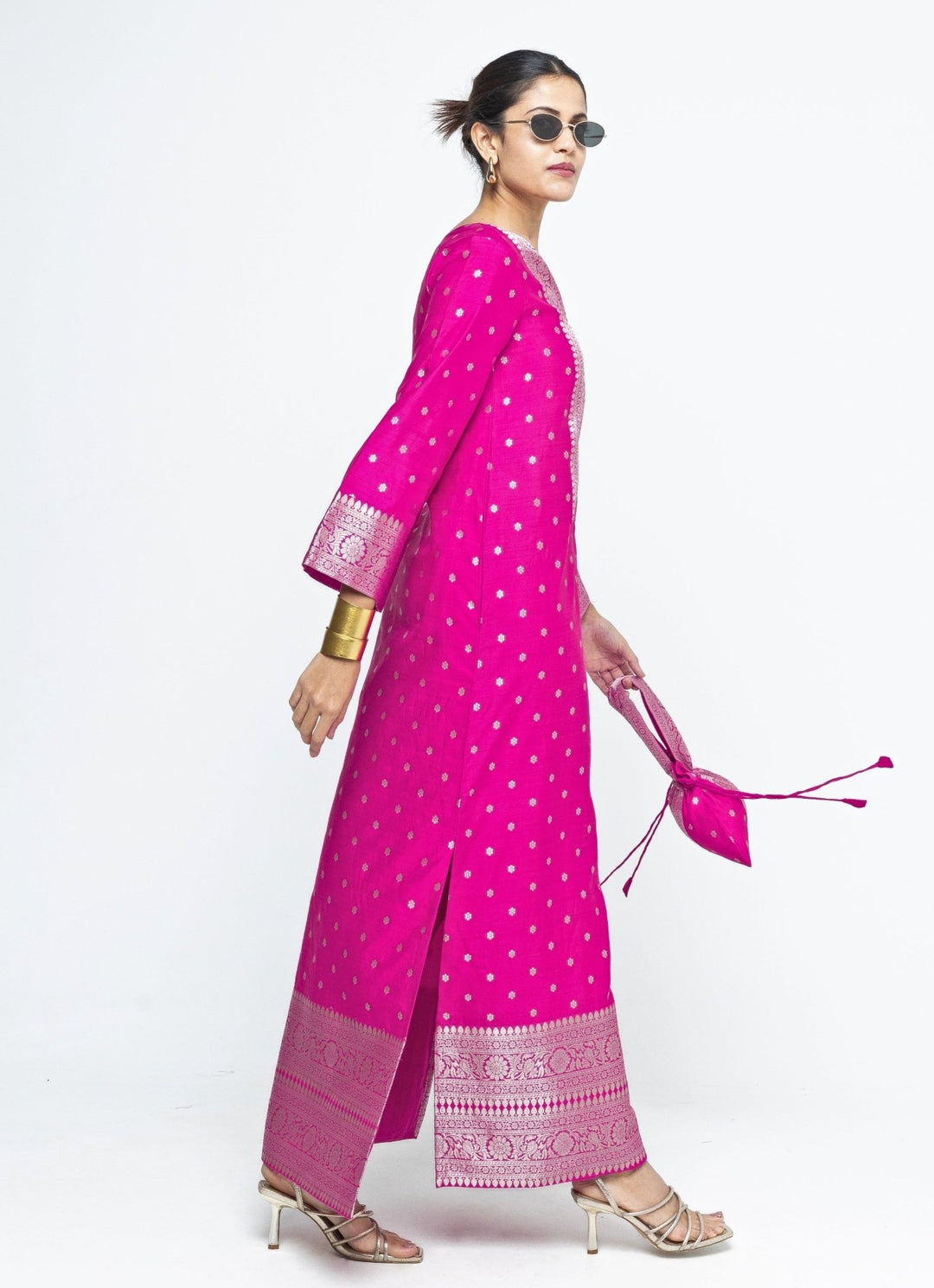 Pink Butti Silk Slit Kaftan Sobariko - Fabilicious Fashion