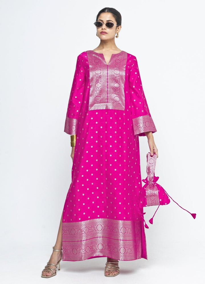 Pink Butti Silk Slit Kaftan Sobariko - Fabilicious Fashion