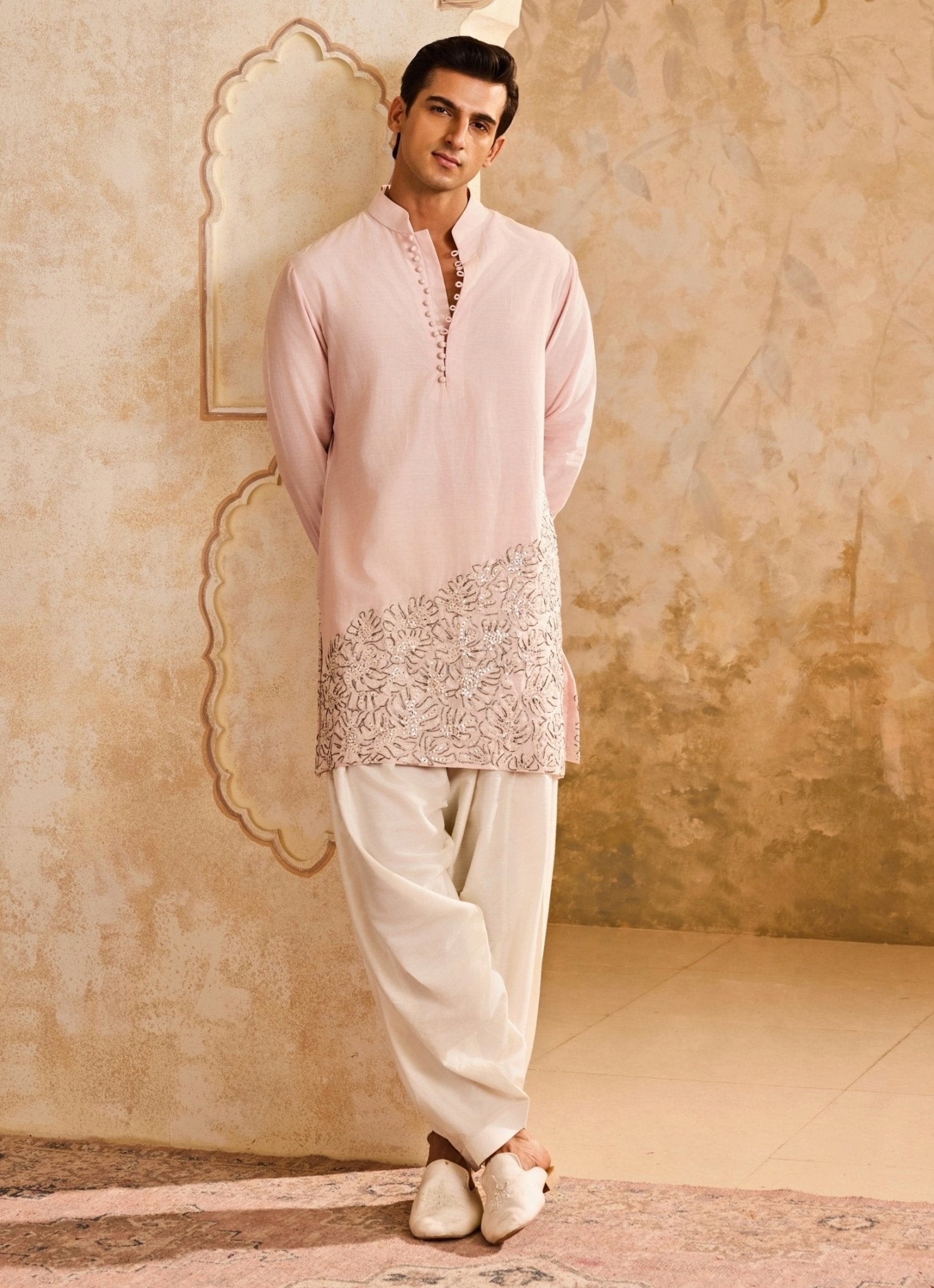 Pink chanderi applique kurta set — pastel holi outfit for men