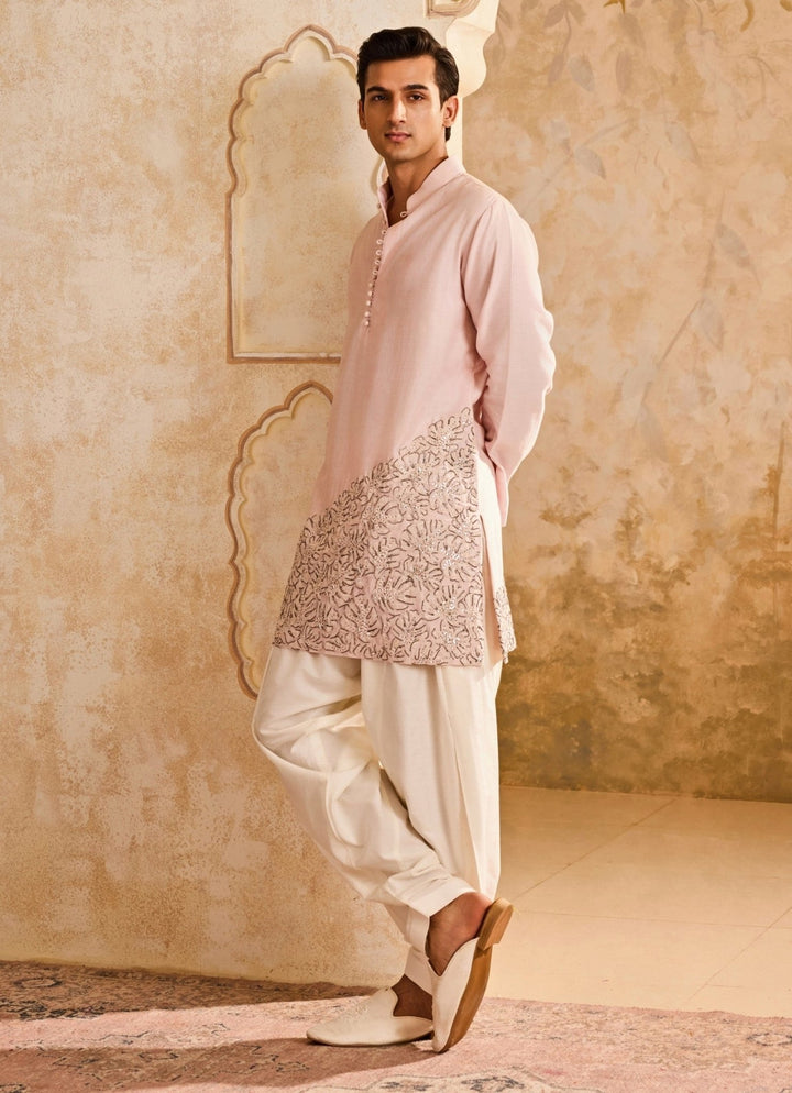 Pink Chanderi Applique Kurta Set Nitika Gujral - Men - Fabilicious Fashion