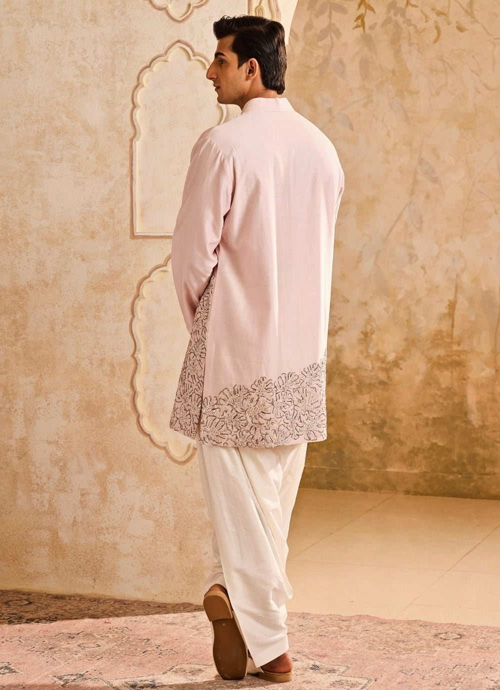 Pink Chanderi Applique Kurta Set Nitika Gujral - Men - Fabilicious Fashion