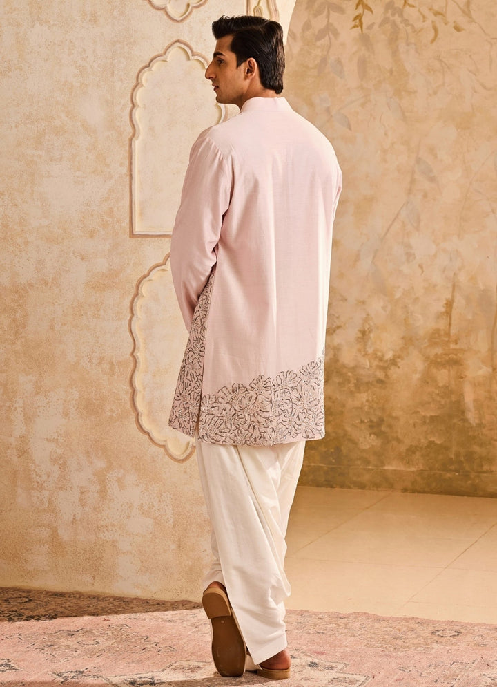 Pink Chanderi Applique Kurta Set Nitika Gujral - Men - Fabilicious Fashion
