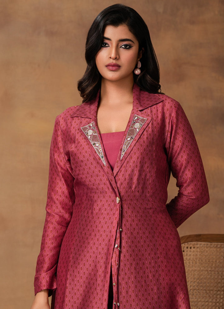 Pink Chanderi Bustier Pant Set With Jacket Isha Gupta Tayal - Fabilicious Fashion