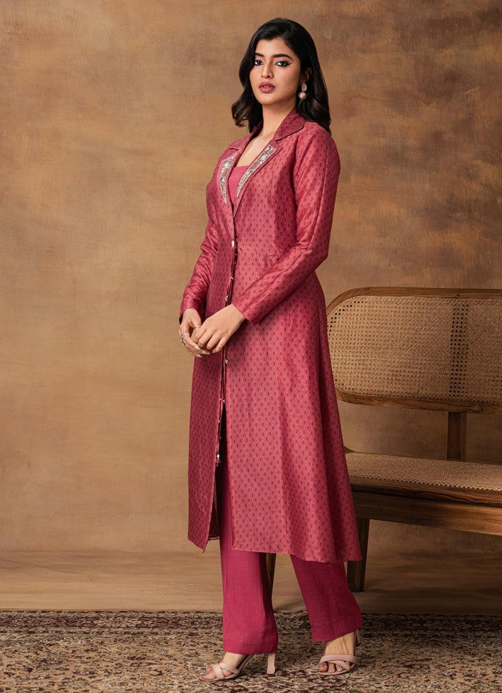 Pink Chanderi Bustier Pant Set With Jacket Isha Gupta Tayal - Fabilicious Fashion