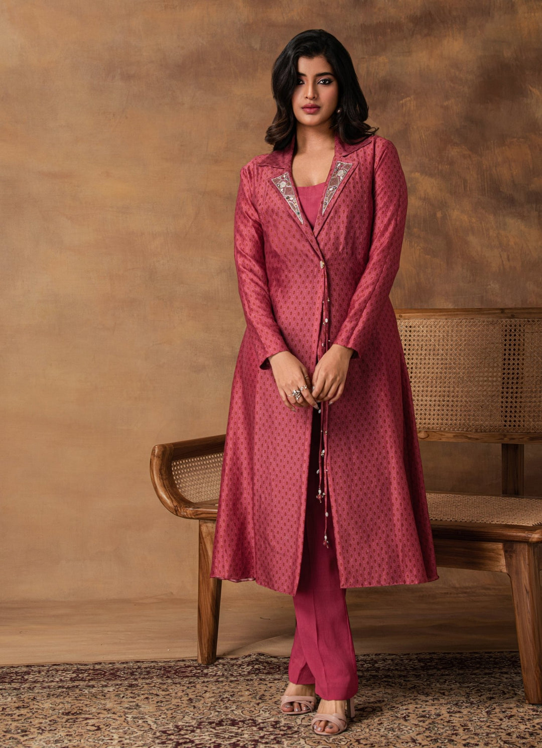 Pink Chanderi Bustier Pant Set With Jacket Isha Gupta Tayal - Fabilicious Fashion