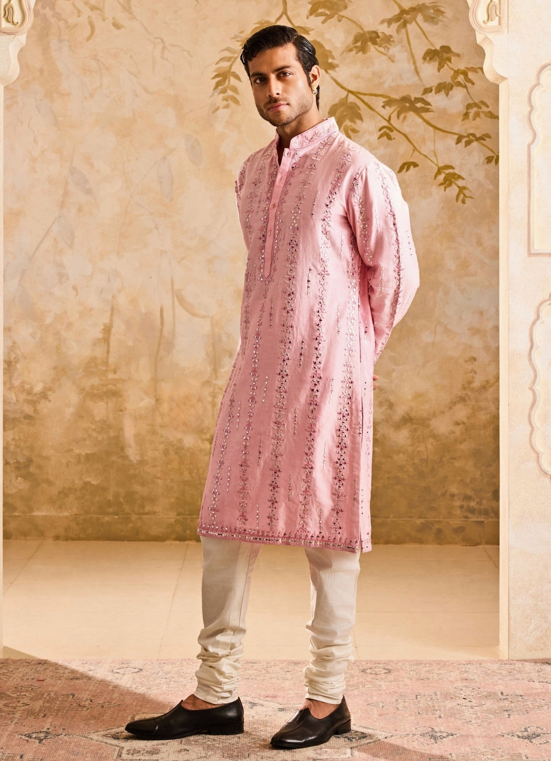 Pink Chanderi Mirrorwork Kurta Set Nitika Gujral - Men - Fabilicious Fashion
