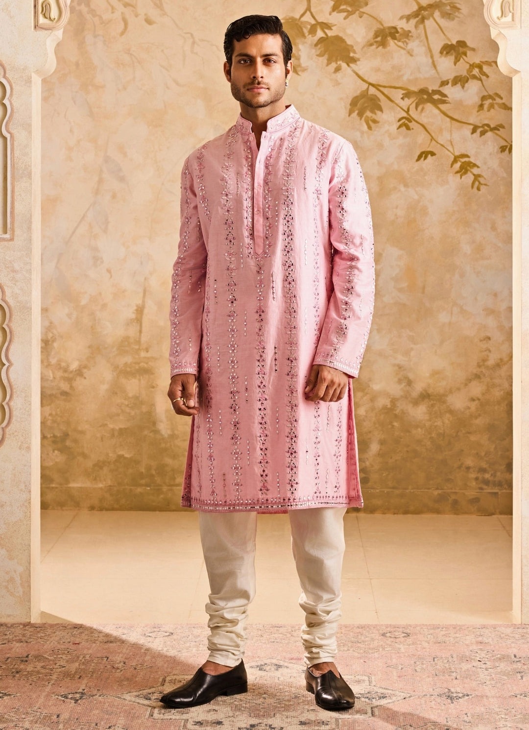 Pink Chanderi Mirrorwork Kurta Set Nitika Gujral - Men - Fabilicious Fashion