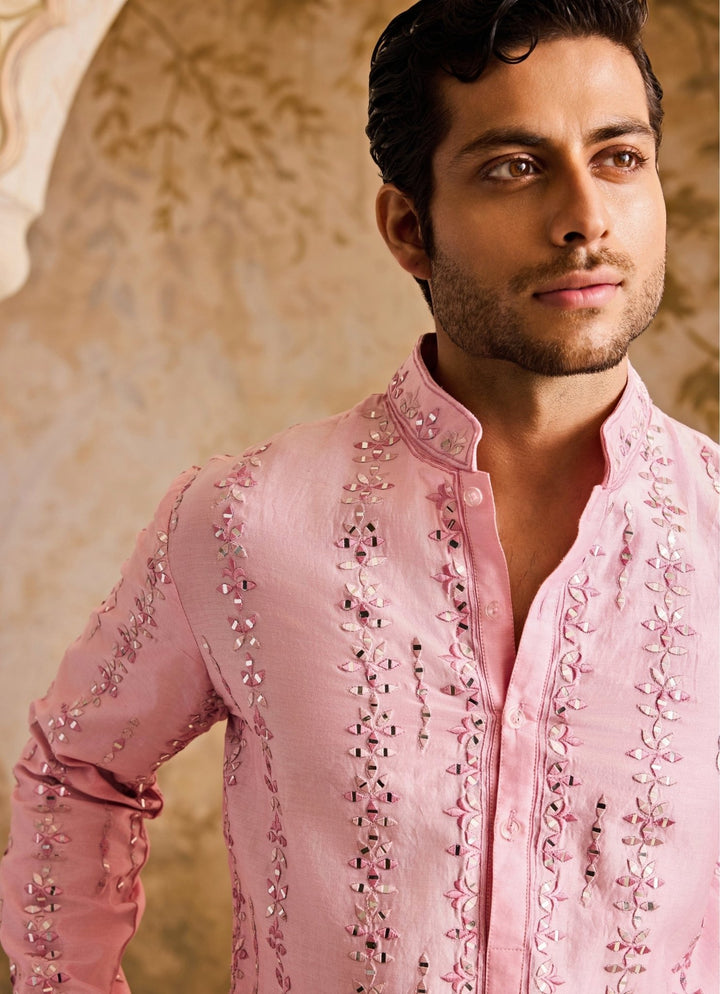 Pink Chanderi Mirrorwork Kurta Set Nitika Gujral - Men - Fabilicious Fashion