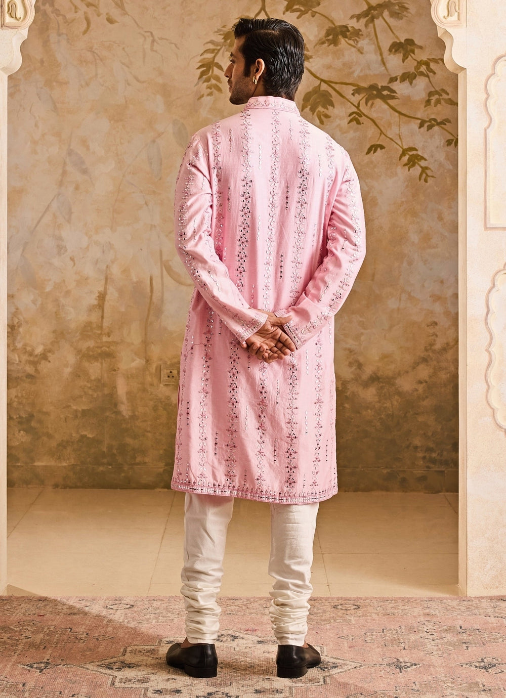 Pink Chanderi Mirrorwork Kurta Set Nitika Gujral - Men - Fabilicious Fashion