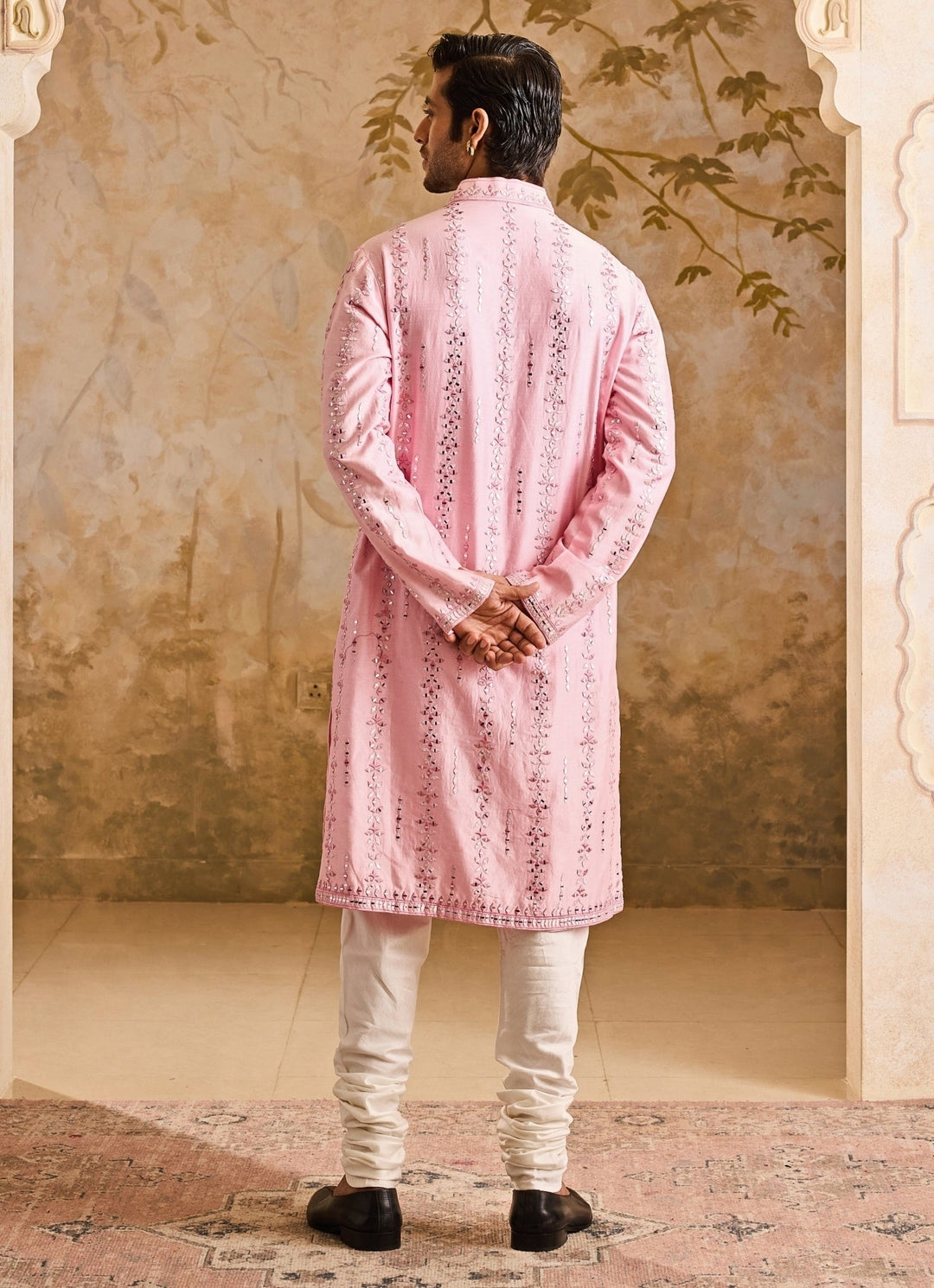 Pink Chanderi Mirrorwork Kurta Set Nitika Gujral - Men - Fabilicious Fashion