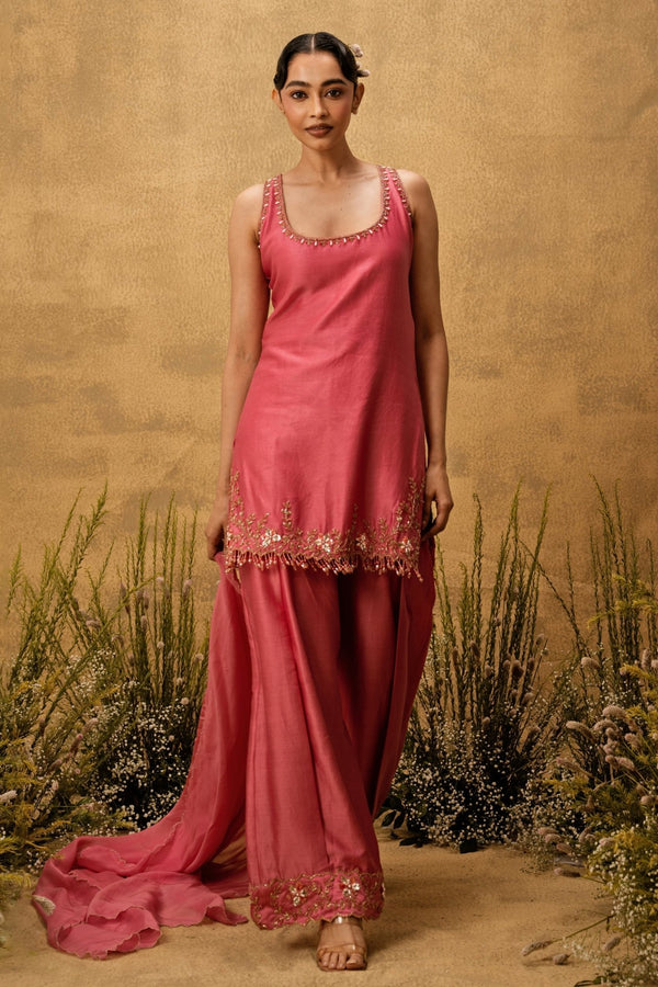 Pink chanderi silk kurta salwar for puja by Quench A Thirst