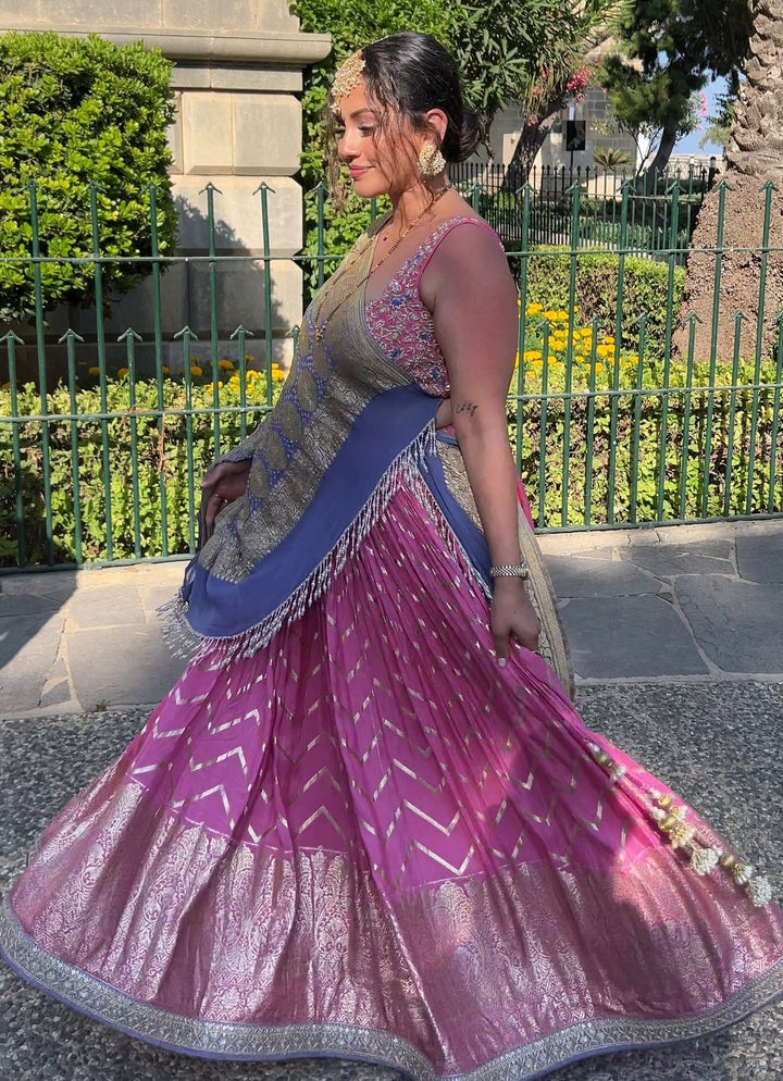 Pink Chevron Ruched Embellished Lehenga With Bandhani Dupatta Chamee and Palak - Fabilicious Fashion