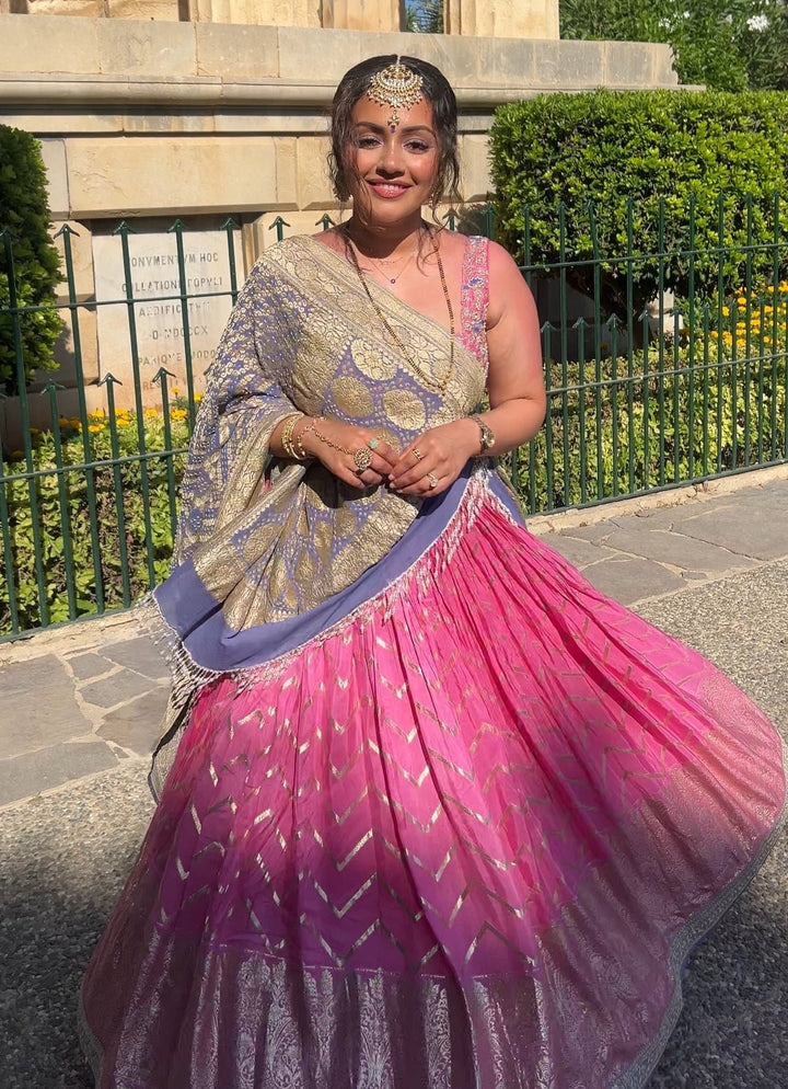 Pink Chevron Ruched Embellished Lehenga With Bandhani Dupatta Chamee and Palak - Fabilicious Fashion