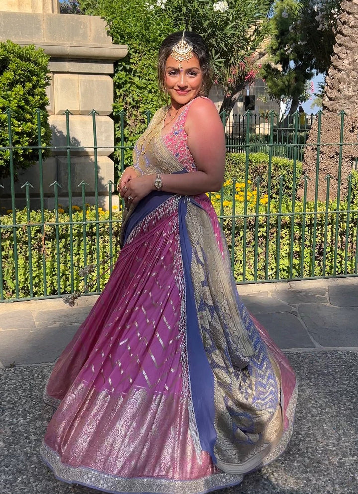 Pink Chevron Ruched Embellished Lehenga With Bandhani Dupatta Chamee and Palak - Fabilicious Fashion