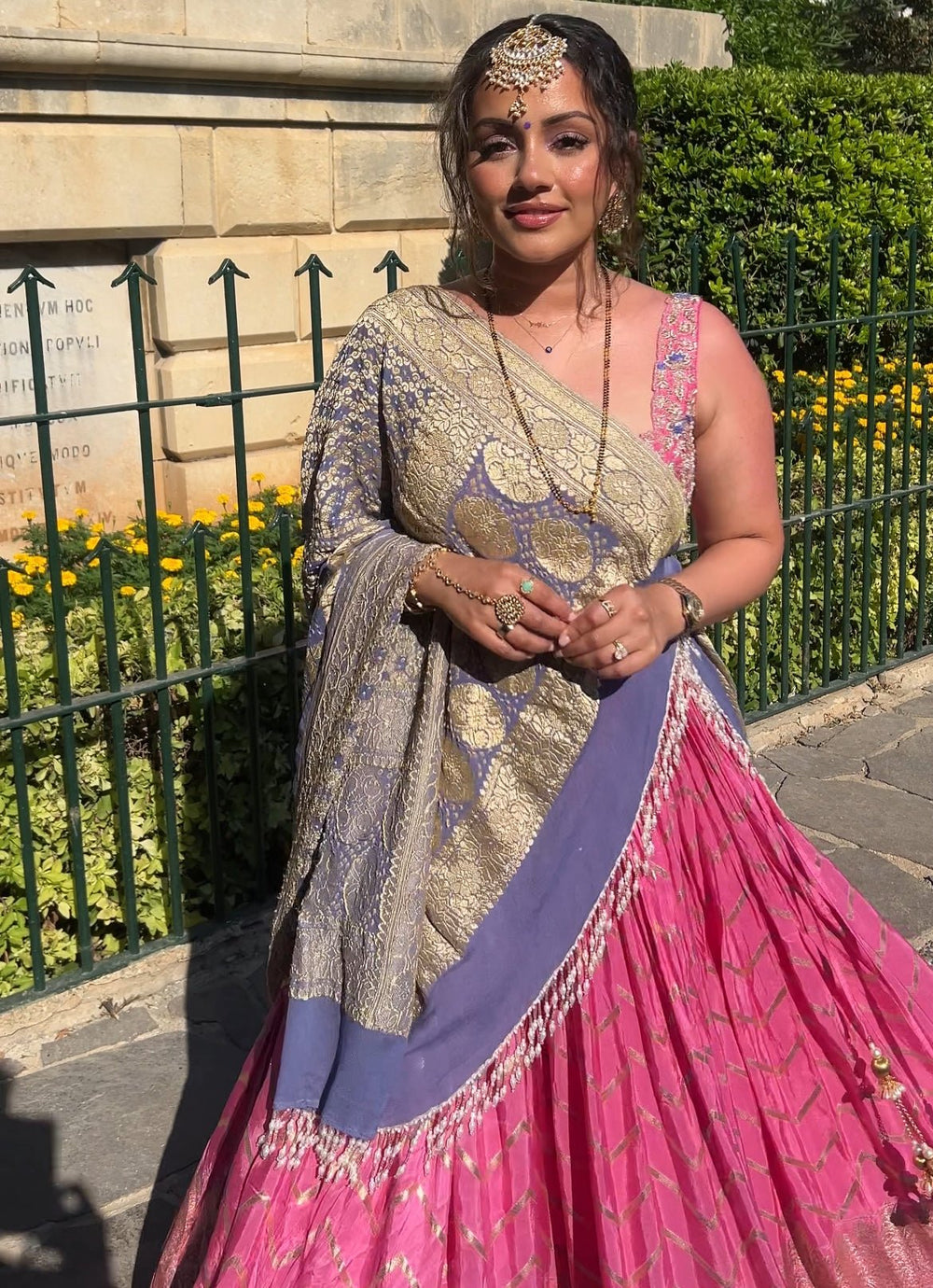 Pink Chevron Ruched Embellished Lehenga With Bandhani Dupatta Chamee and Palak - Fabilicious Fashion
