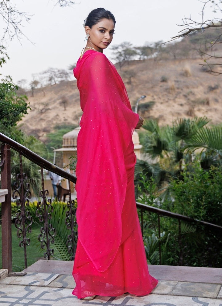 Geroo Jaipur Pink Chiffon Pre - Draped Saree SetFabilicious Fashion