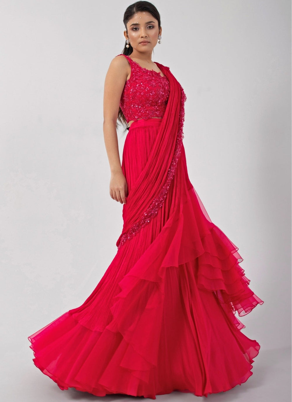 Pink Chiffon Predraped Saree Set With Floral Sequin Blouse Smriti - Fabilicious Fashion