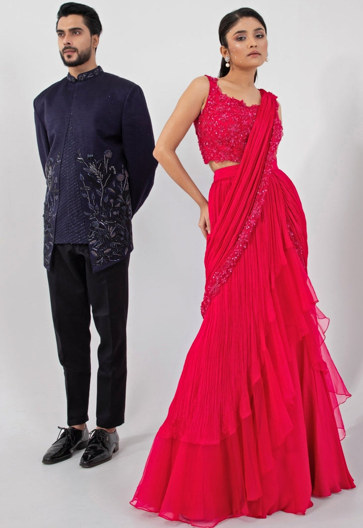 Pink Chiffon Predraped Saree Set With Floral Sequin Blouse Smriti - Fabilicious Fashion