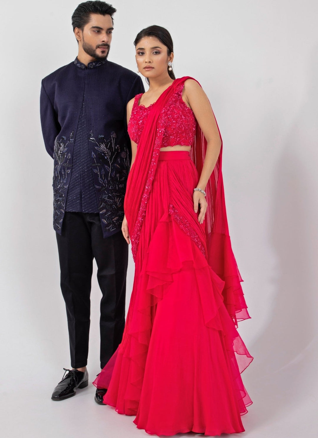 Pink Chiffon Predraped Saree Set With Floral Sequin Blouse Smriti - Fabilicious Fashion