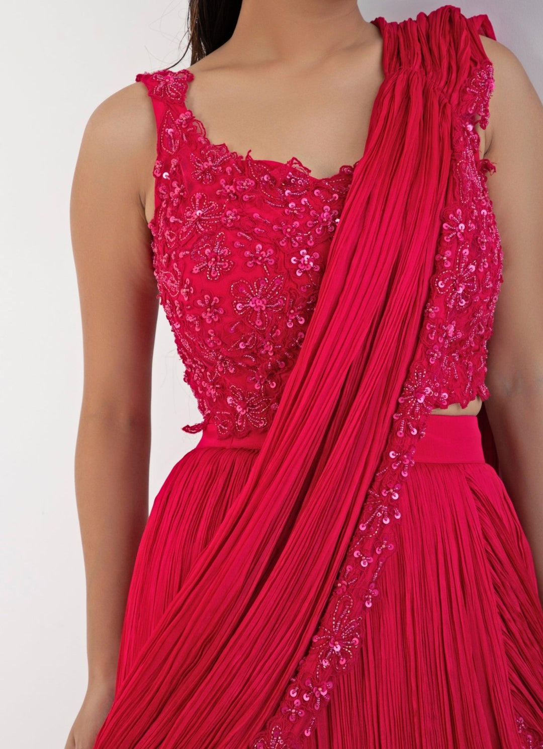Pink Chiffon Predraped Saree Set With Floral Sequin Blouse Smriti - Fabilicious Fashion