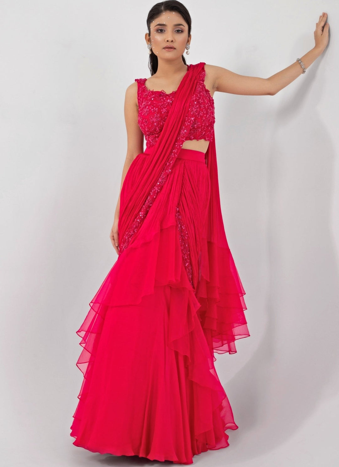 Pink Chiffon Predraped Saree Set With Floral Sequin Blouse Smriti - Fabilicious Fashion