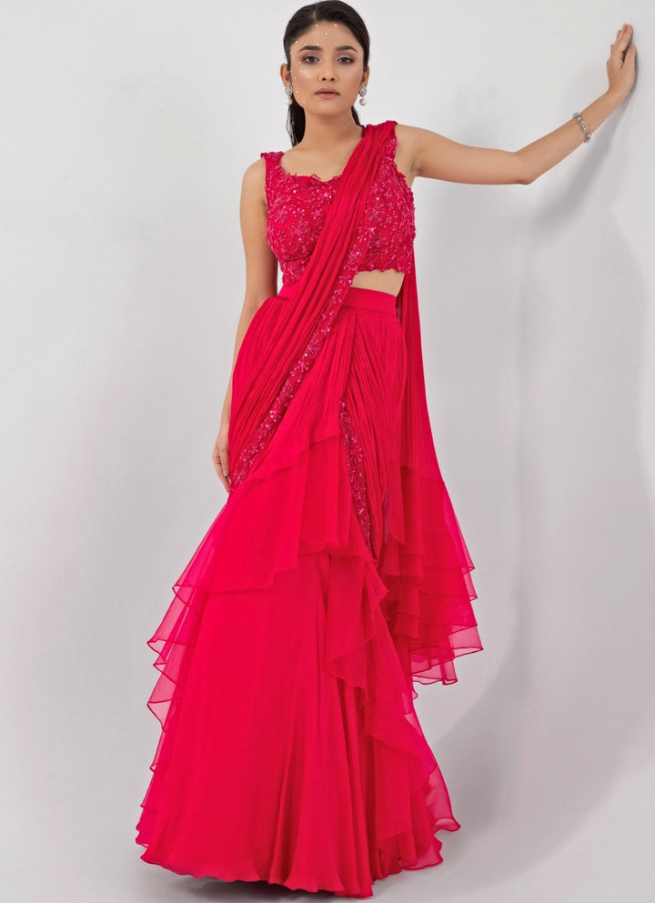 Pink Chiffon Predraped Saree Set With Floral Sequin Blouse Smriti - Fabilicious Fashion
