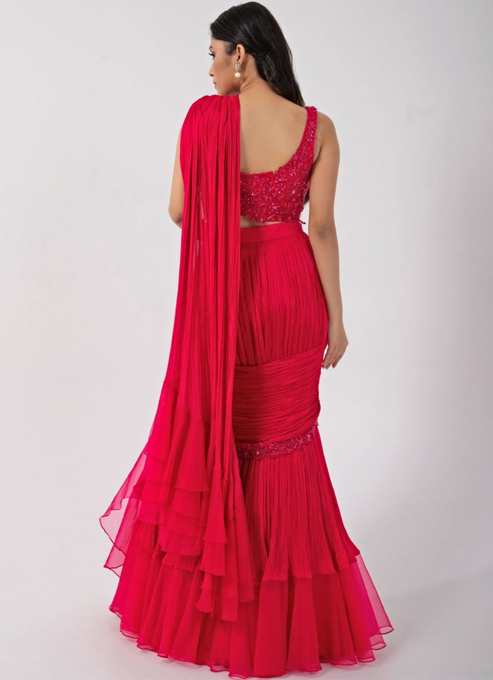 Pink Chiffon Predraped Saree Set With Floral Sequin Blouse Smriti - Fabilicious Fashion