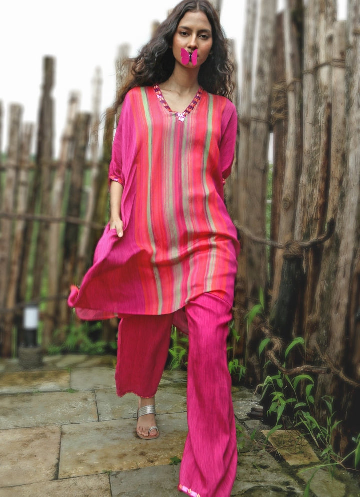 Pink Chinon Kurta Pant Set Basil Leaf - Fabilicious Fashion