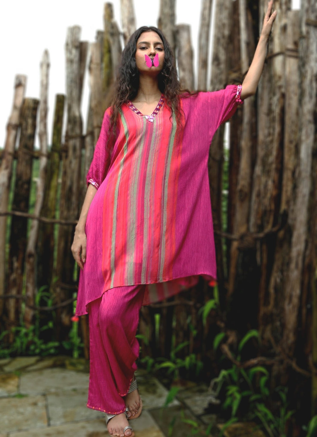 Pink Chinon Kurta Pant Set Basil Leaf - Fabilicious Fashion