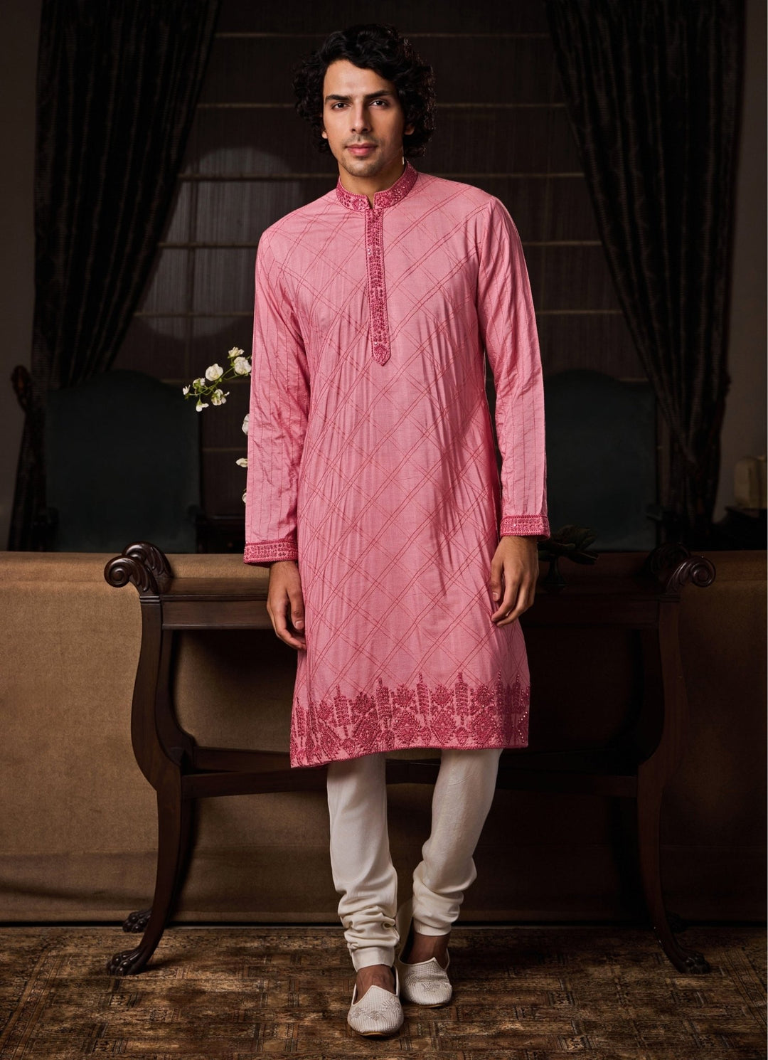 Pink Cotton Silk Kurta Set Nitika Gujral - Men - Fabilicious Fashion