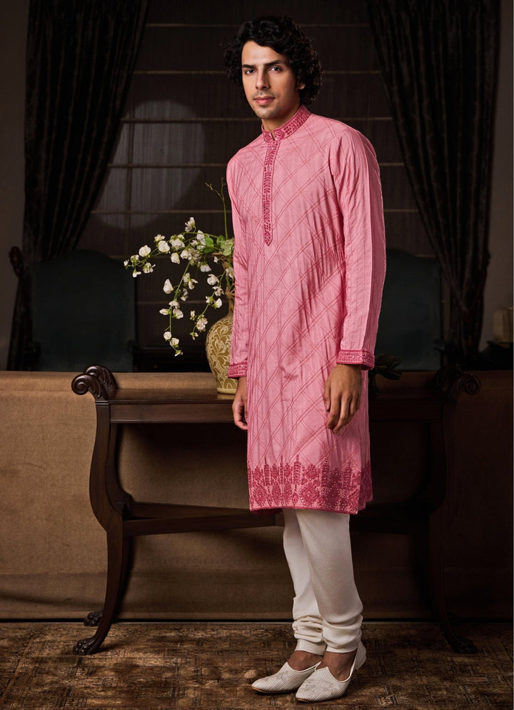 Pink Cotton Silk Kurta Set Nitika Gujral - Men - Fabilicious Fashion