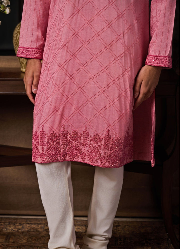 Pink Cotton Silk Kurta Set Nitika Gujral - Men - Fabilicious Fashion