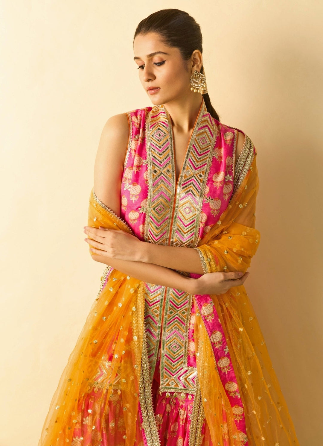 Gopi Vaid Pink Cotton Silk Kurta Sharara Set With Orange DupattaFabilicious Fashion