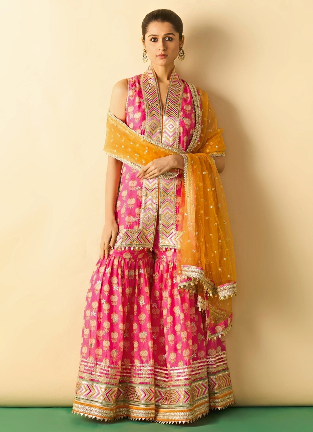 Gopi Vaid Pink Cotton Silk Kurta Sharara Set With Orange DupattaFabilicious Fashion