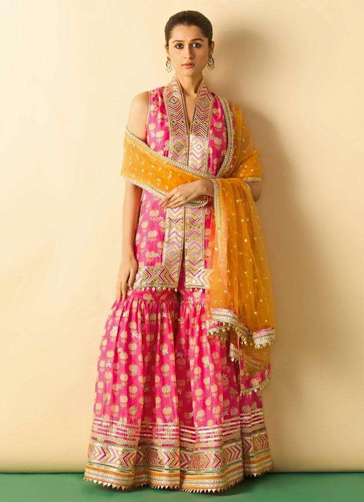 Gopi Vaid Pink Cotton Silk Kurta Sharara Set With Orange DupattaFabilicious Fashion