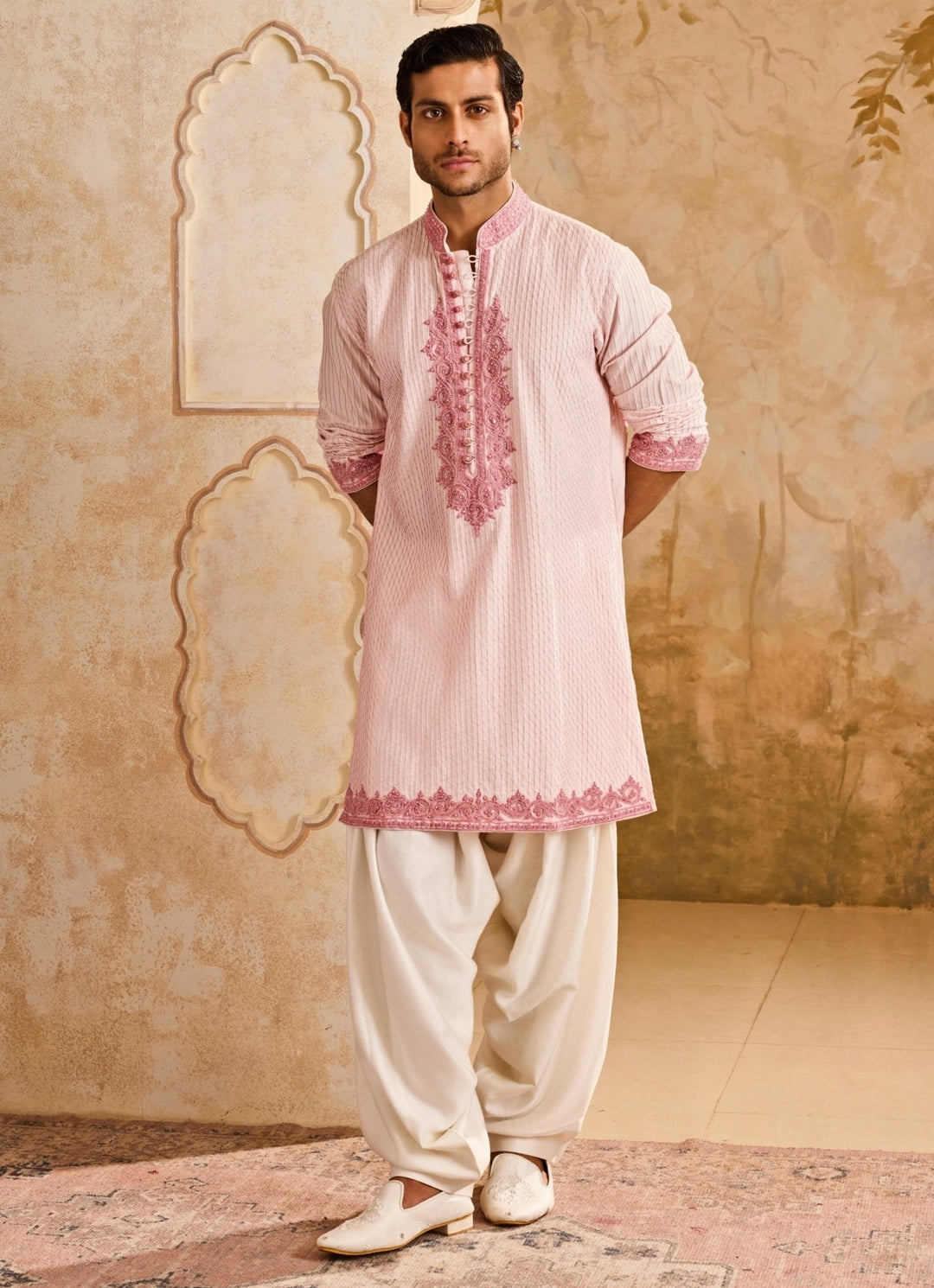 Pink Cotton Silk Pintucked Kurta Set Nitika Gujral - Men - Fabilicious Fashion