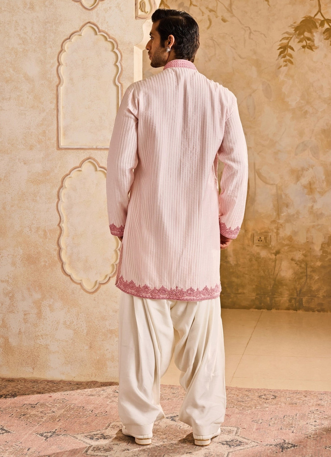 Pink Cotton Silk Pintucked Kurta Set Nitika Gujral - Men - Fabilicious Fashion