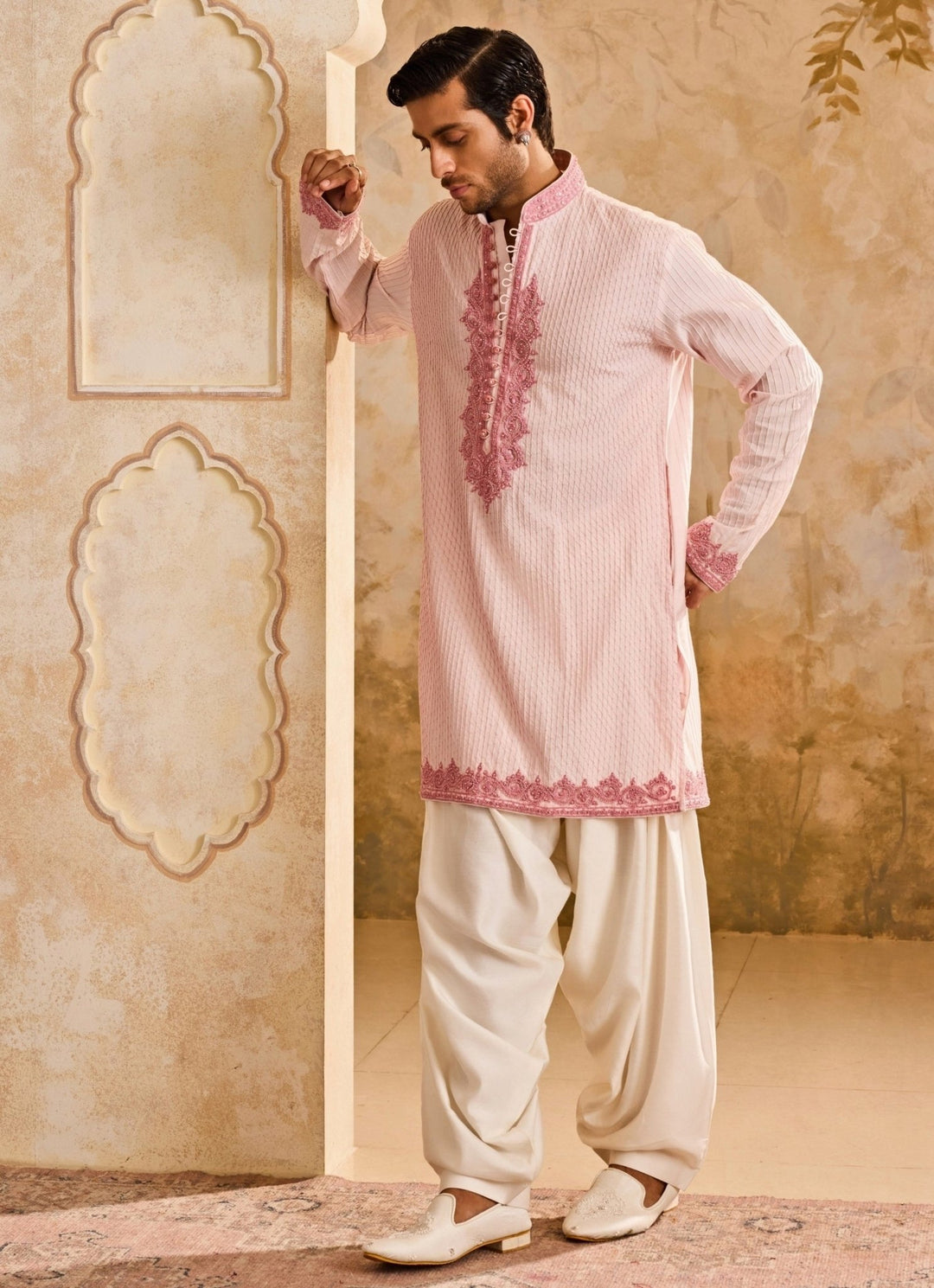 Pink Cotton Silk Pintucked Kurta Set Nitika Gujral - Men - Fabilicious Fashion