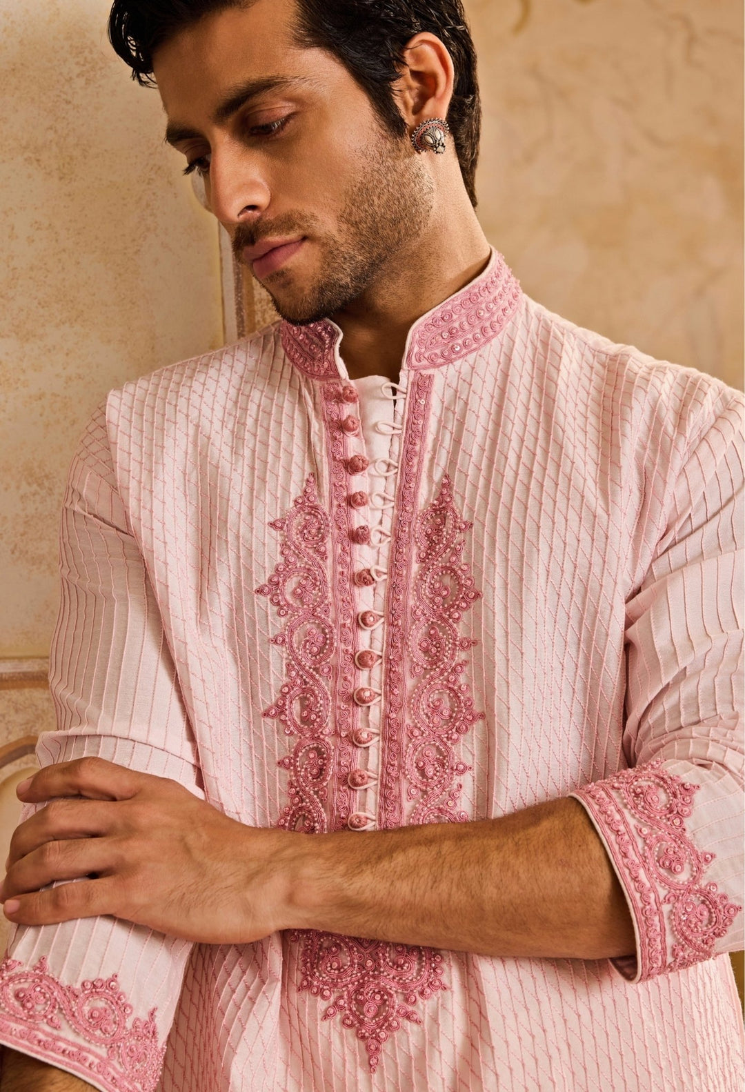 Pink Cotton Silk Pintucked Kurta Set Nitika Gujral - Men - Fabilicious Fashion