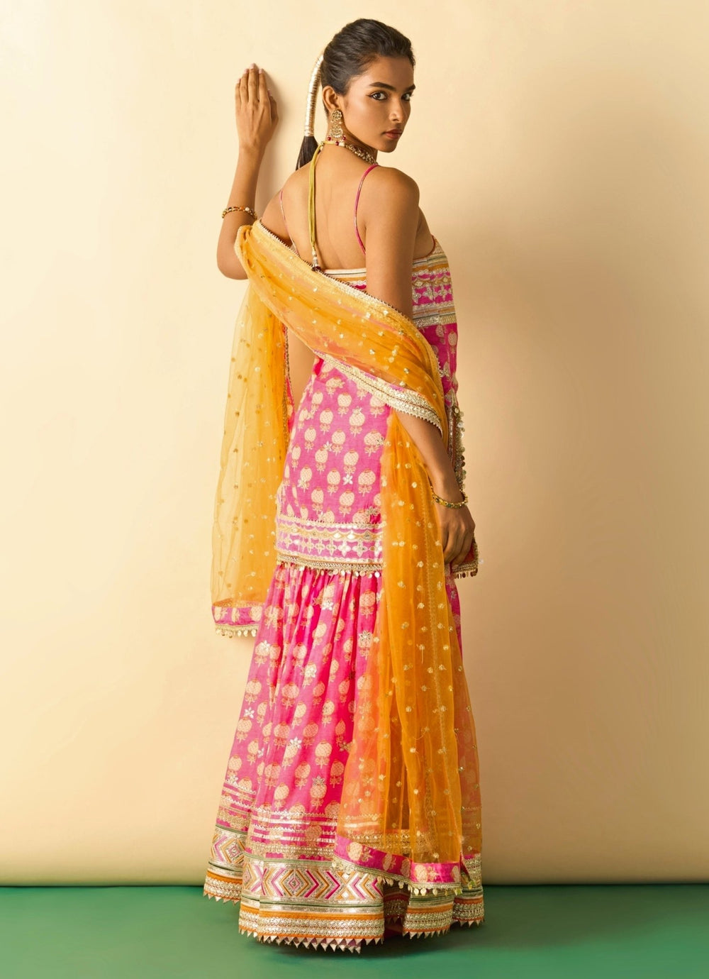 Gopi Vaid Pink Cotton Silk Strappy Kurta Sharara Set With Orange DupattaFabilicious Fashion