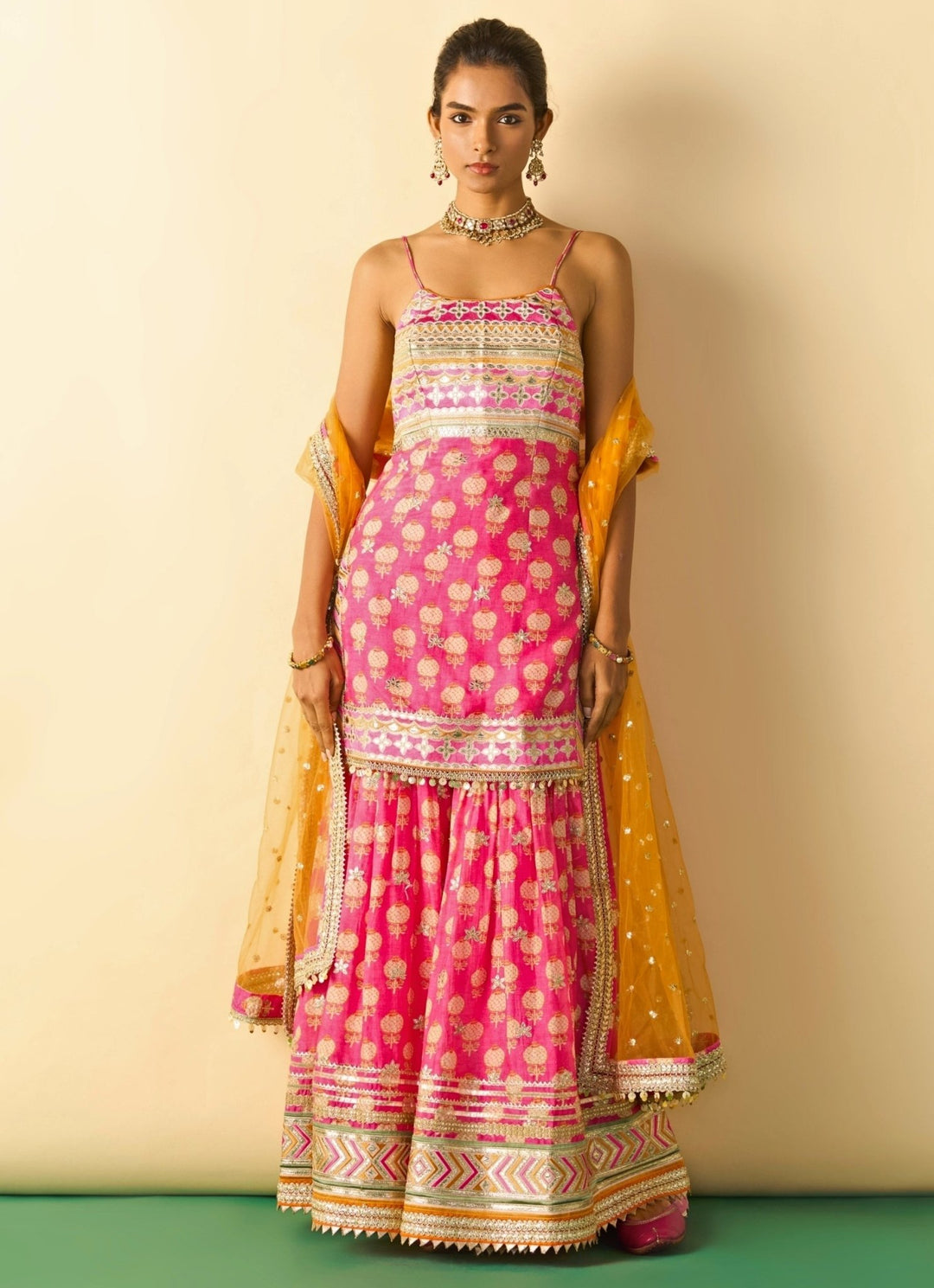 Gopi Vaid Pink Cotton Silk Strappy Kurta Sharara Set With Orange DupattaFabilicious Fashion