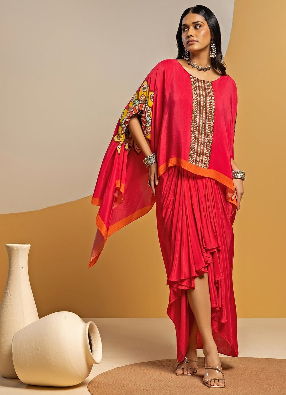 Pink Crepe Drape Skirt Set With Kimono Top Soup by Sougat Paul - Fabilicious Fashion