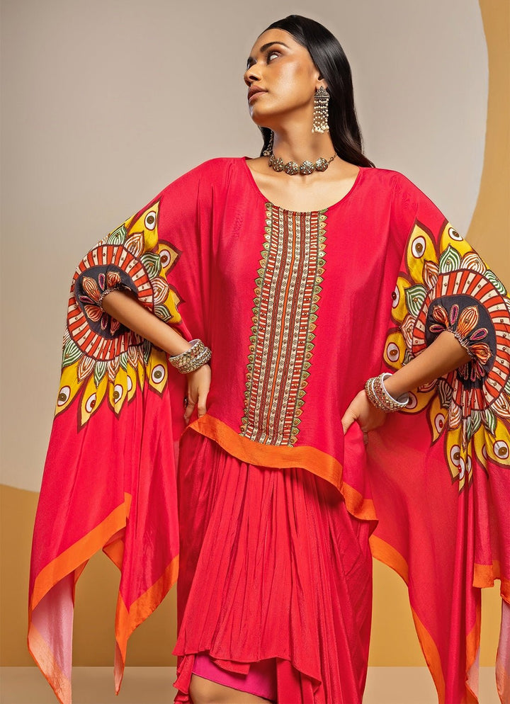 Pink Crepe Drape Skirt Set With Kimono Top Soup by Sougat Paul - Fabilicious Fashion